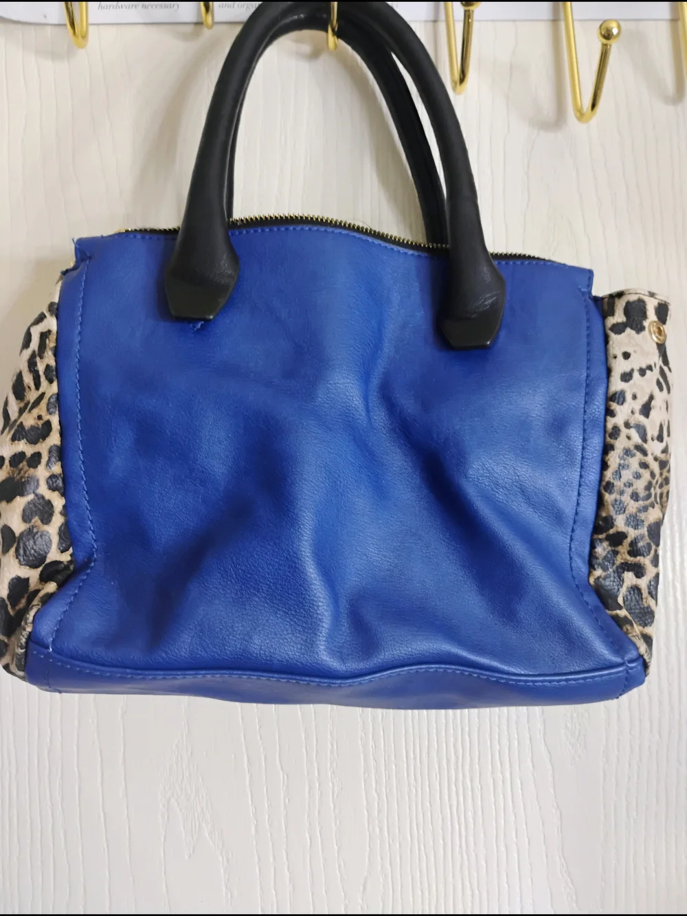 Kate Landry Blue Leather Satchel with Leopard Accents